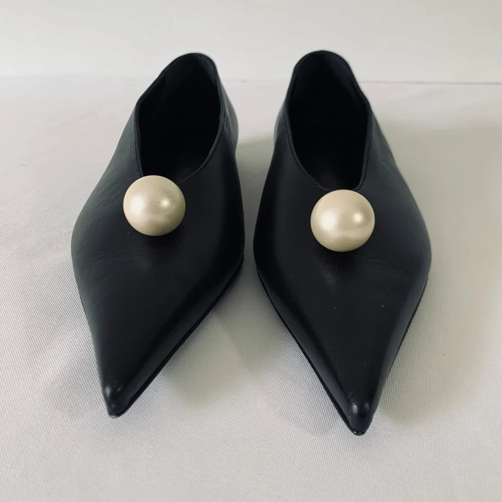 Magda Butrym Pearl Embellished Leather Ballet Flats Women 37.5 Black Pointed Toe